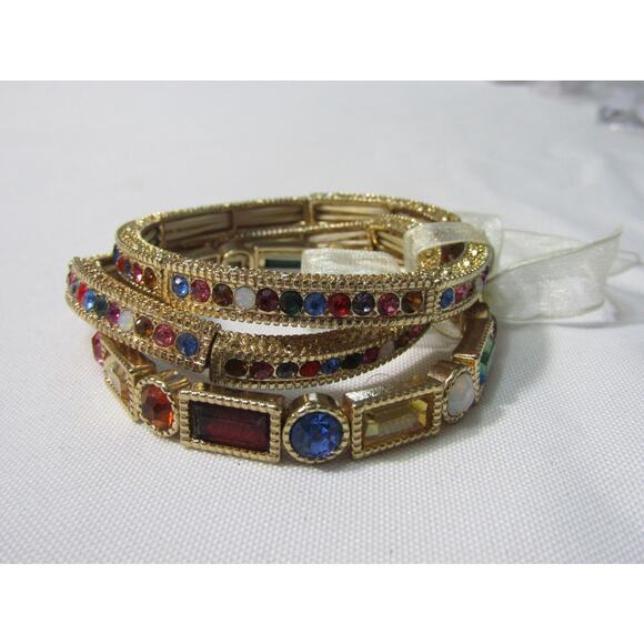 Multi Color Gold Tone Bead Stretch Bracelet Set 6" Wristlet Boho Quite Luxury - Picture 3 of 8